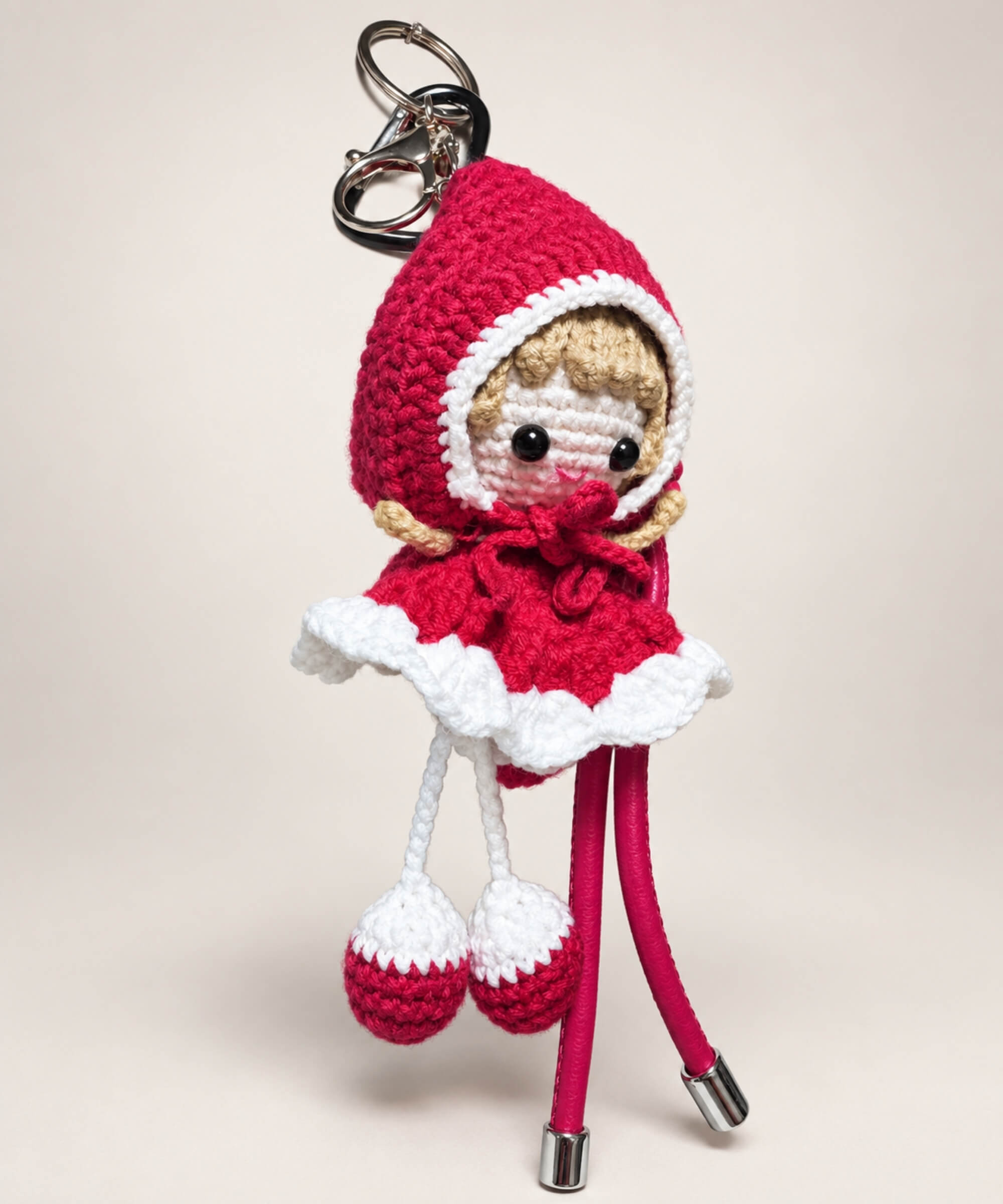 Red Little Red Riding Hood style crochet doll keychain with hooded cape
